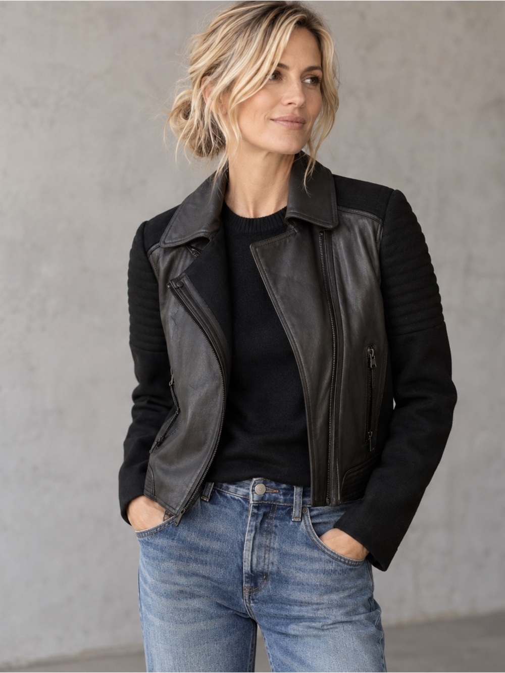 Vince Leather Wool Mixed Media Moto Jacket Quilted Black Size Small